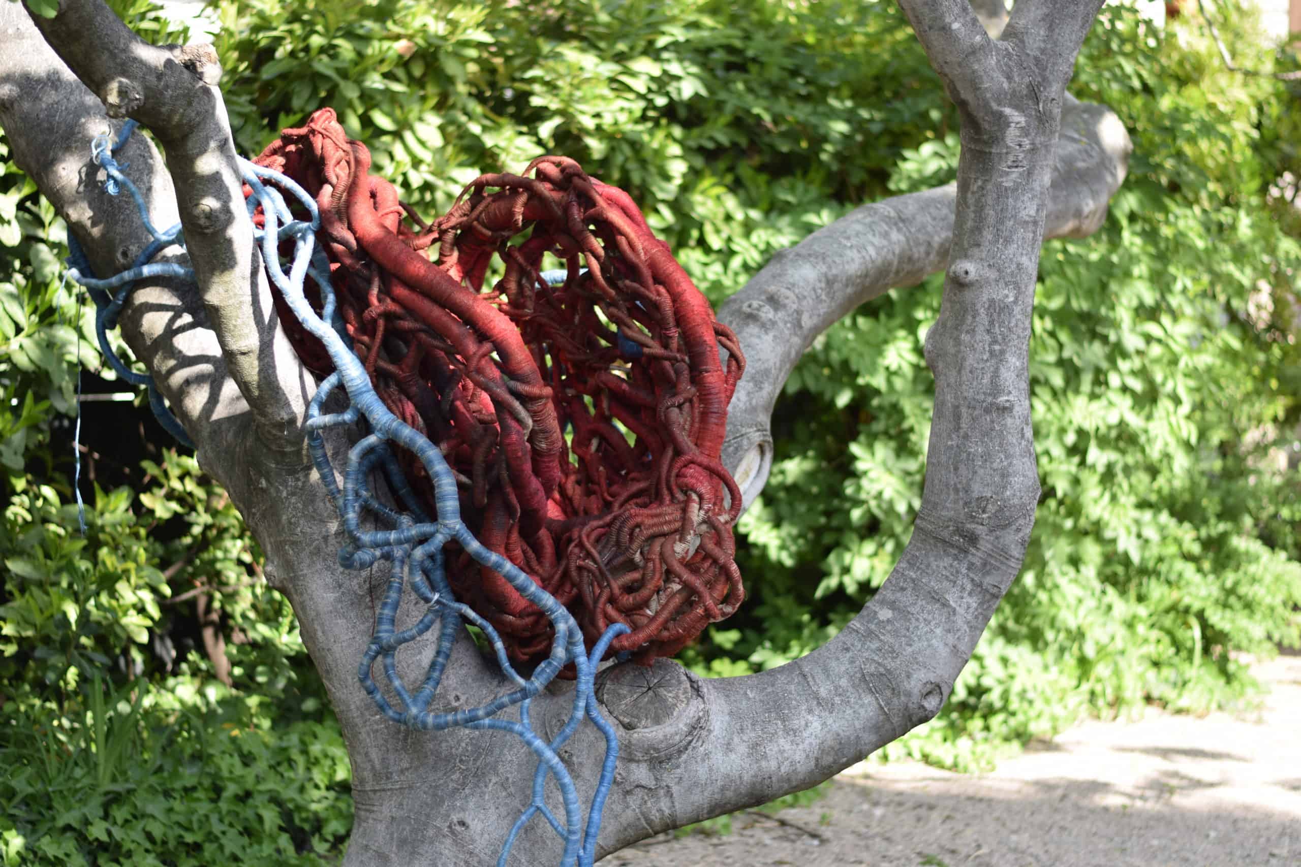 Giant heart-shaped sculpture in a fig tree at Villa Datris foundation for contemporary sculpture by Aude Franjou