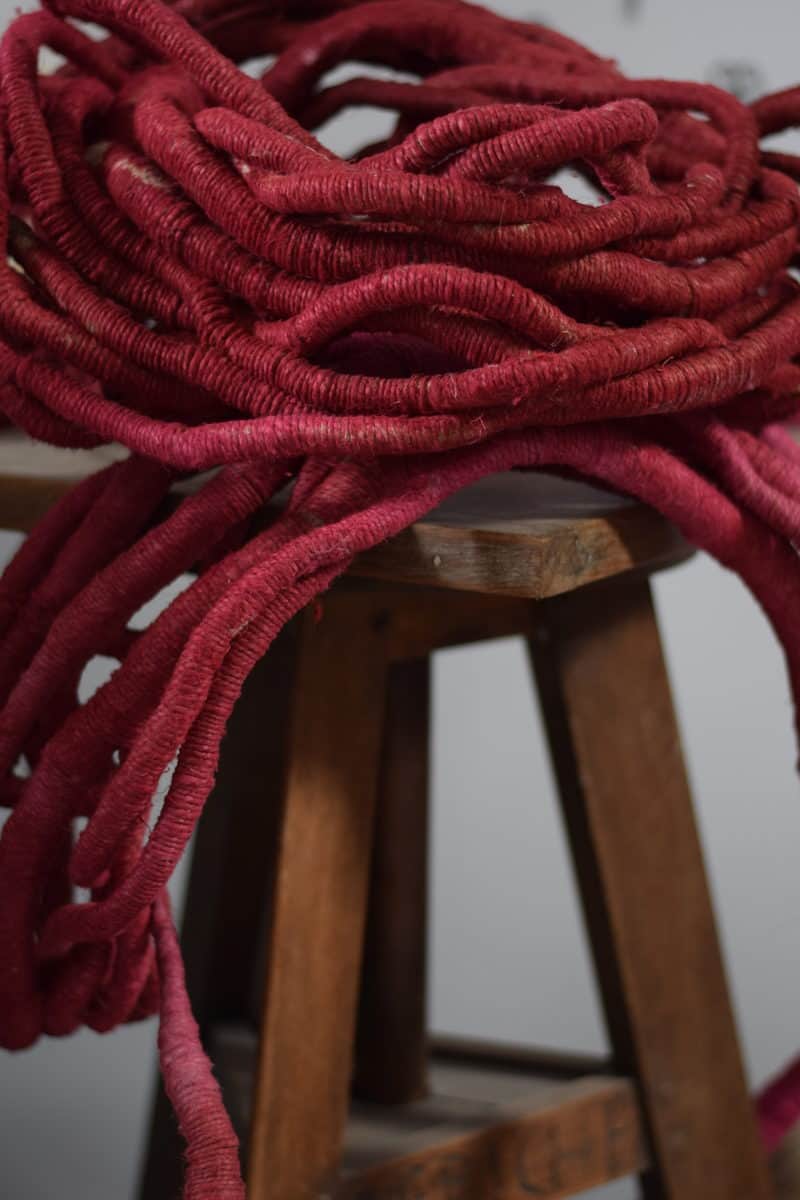 Red vine-like sculpture on wooden stool by Aude Franjou