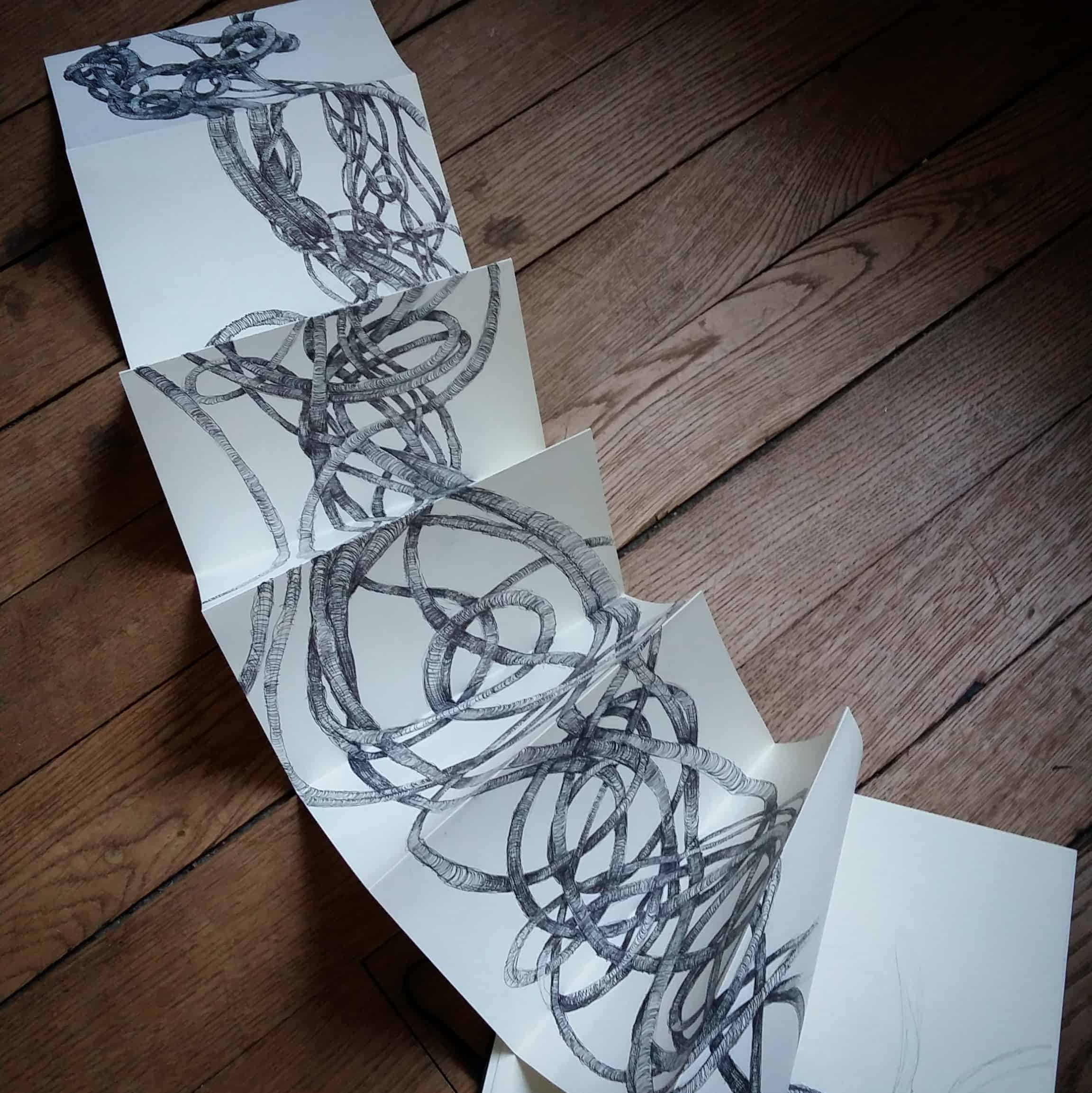 long drawing of a sculpture on a roll of paper by Aude Franjou