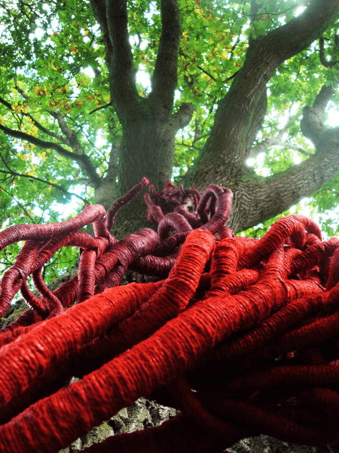 Giant red sculpure in tree by Aude Franjou