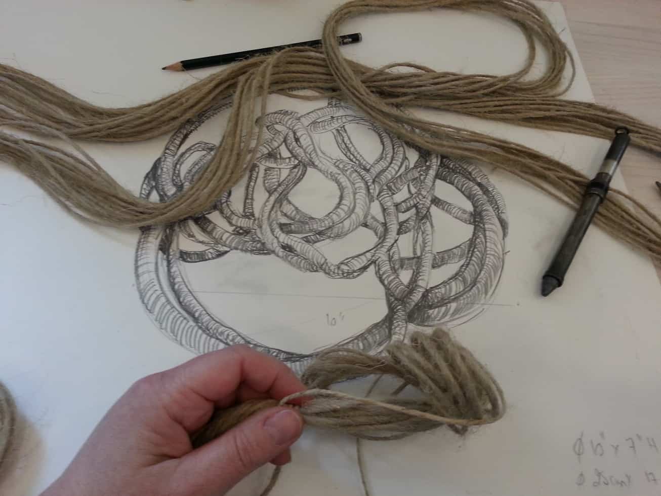 linen string and preparatory drawings by sculptor Aude Franjou
