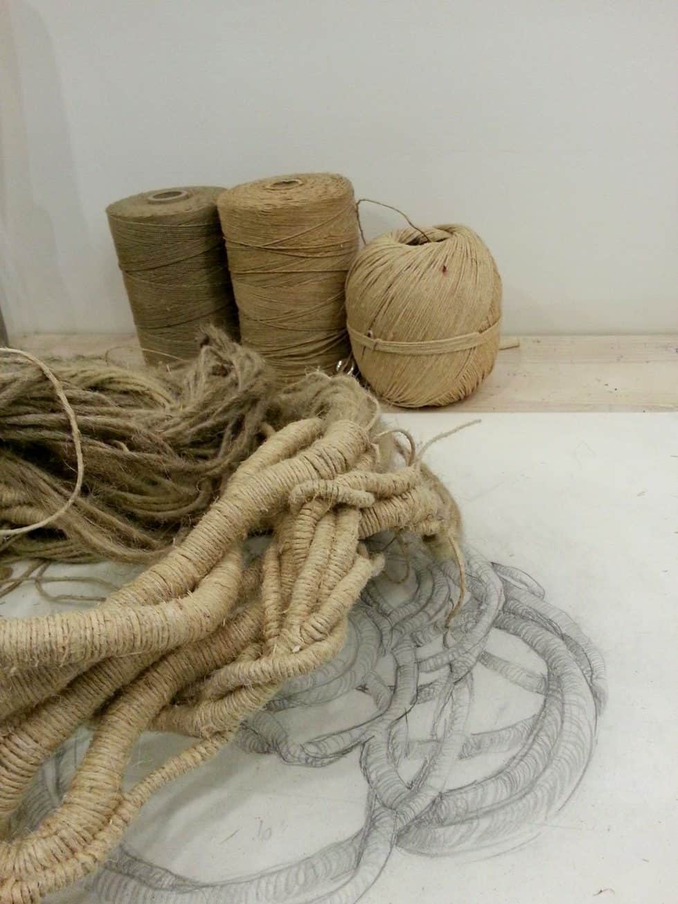 linen fibres and drawing of sculpture by Aude Franjou