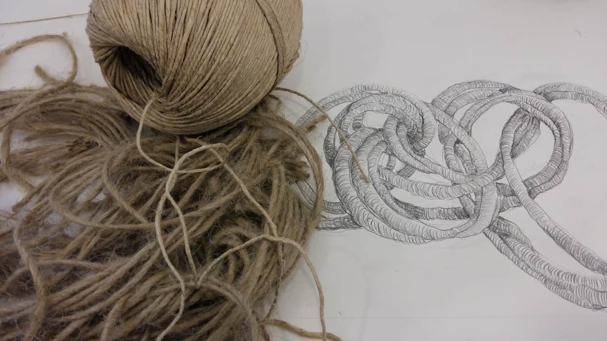 linen fibres and drawing of sculpture by Aude Franjou
