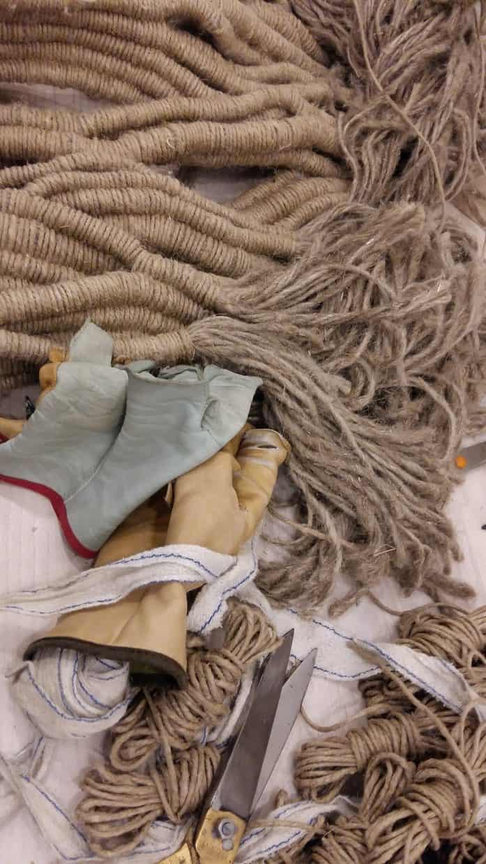 linen string, scissors and leather gloves