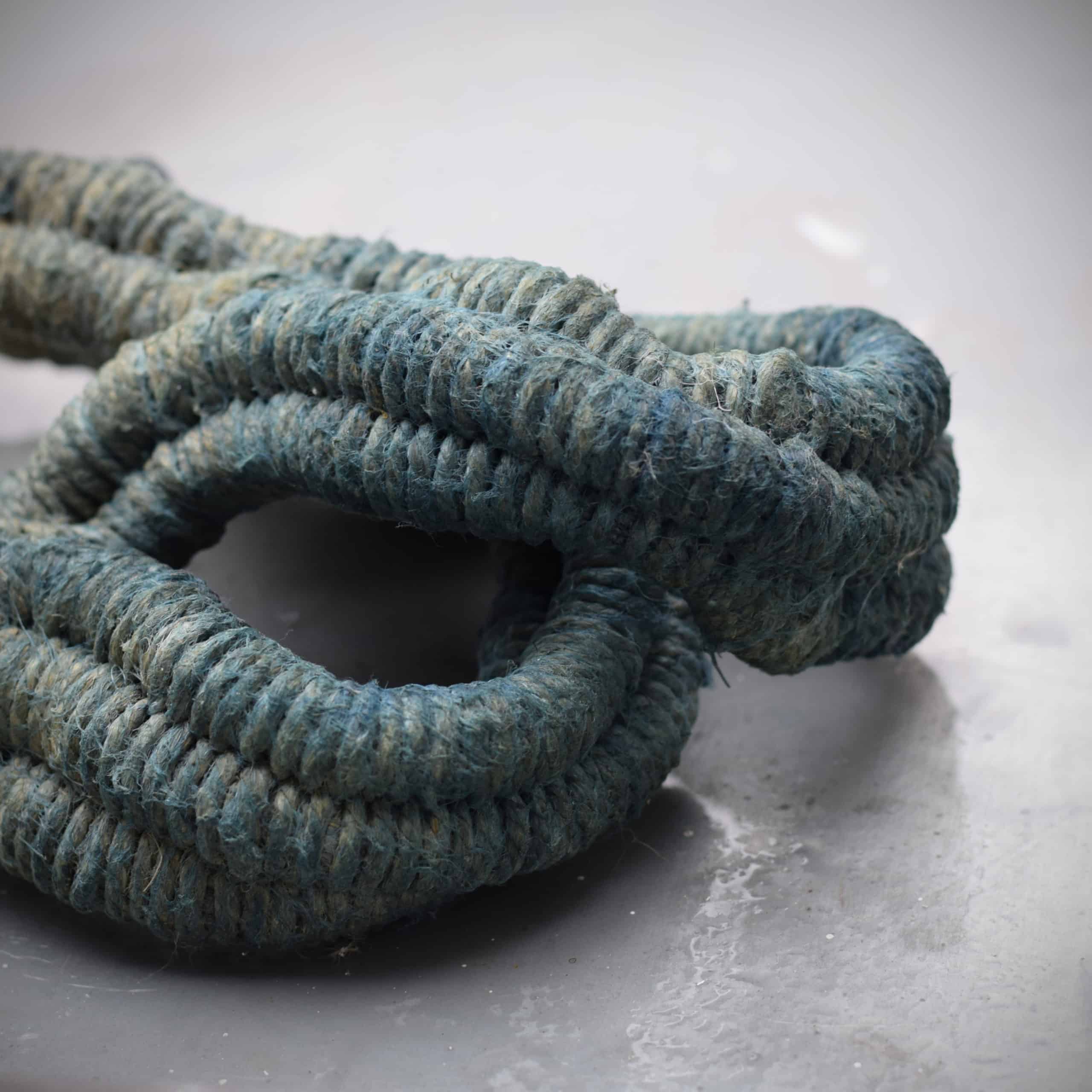 natural indigo blue linen sculpture by Aude Franjou close up on texture