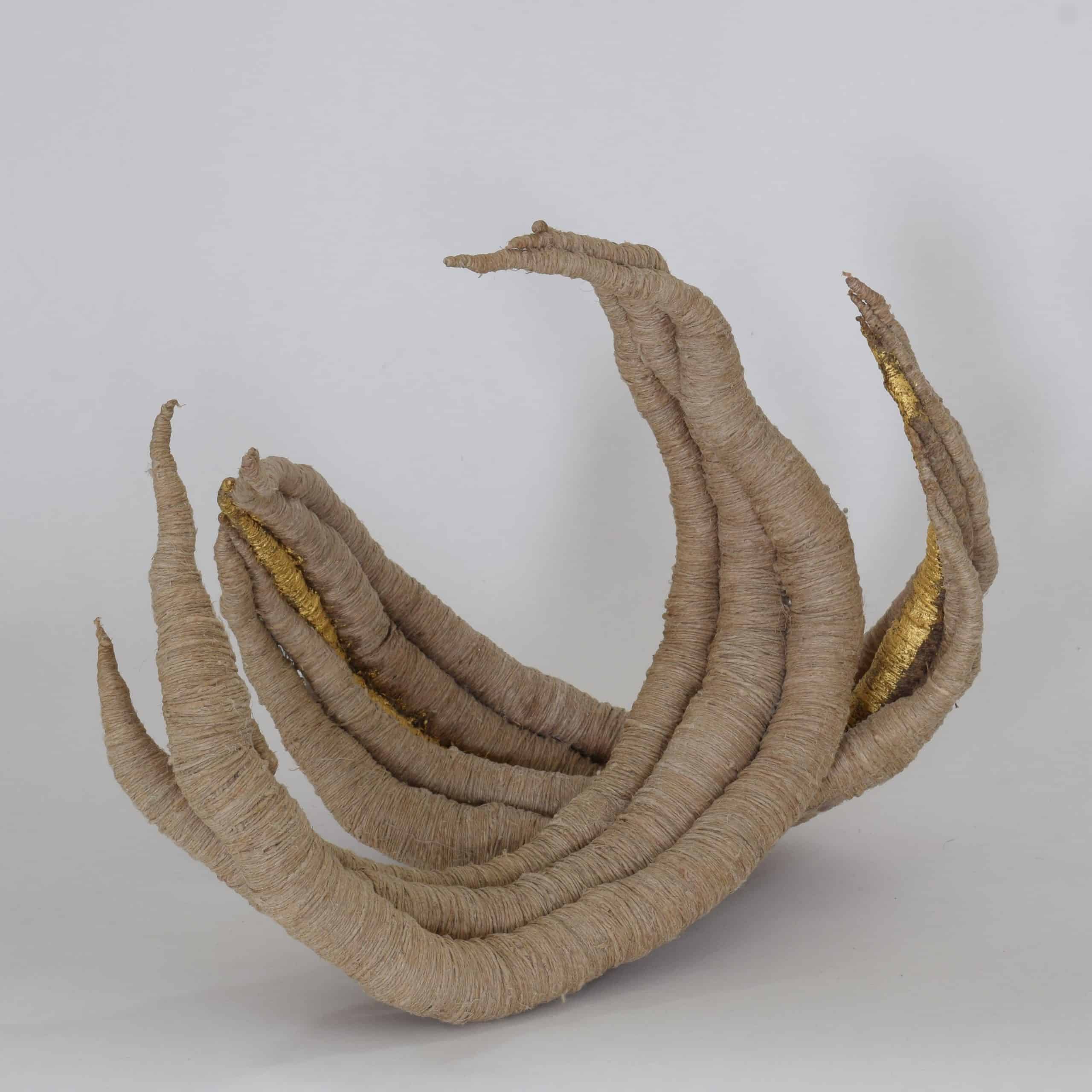 Curled linen sculpture by Aude Franjou undyed and gold
