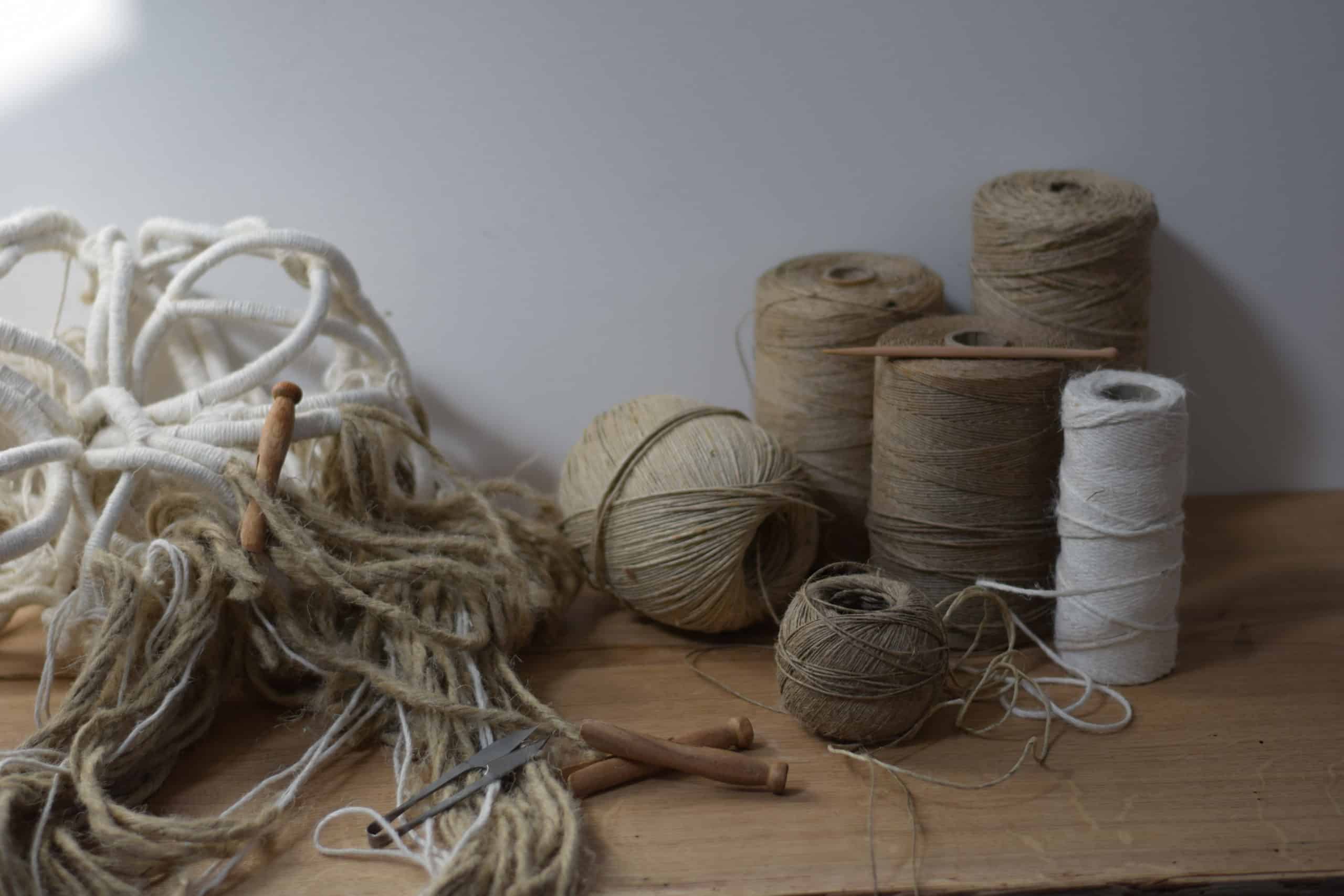 Linen string and fibres, are the raw materials for Aude's sculptures