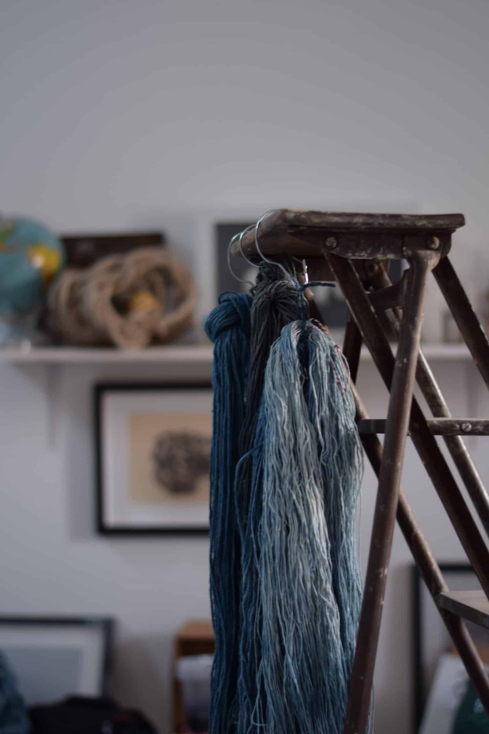 skeins of linen hand-dyed with natural indigo pigments by Aude Franjou