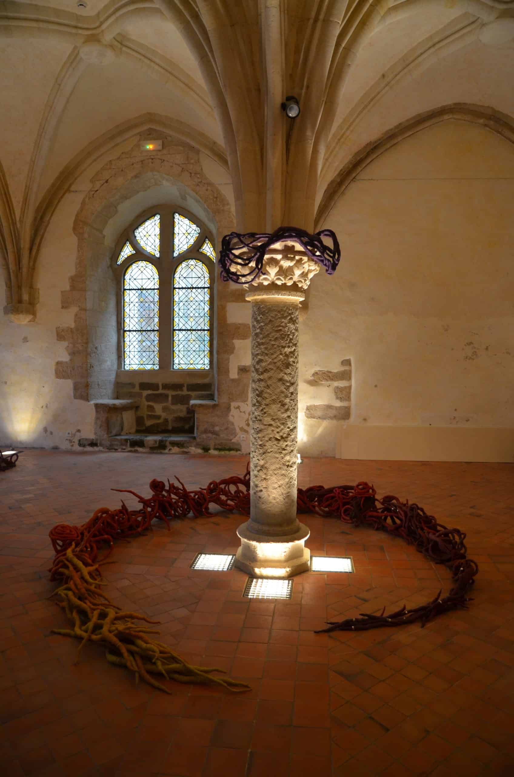 linen sculptures in historical building Vivoin, France by Aude Franjou