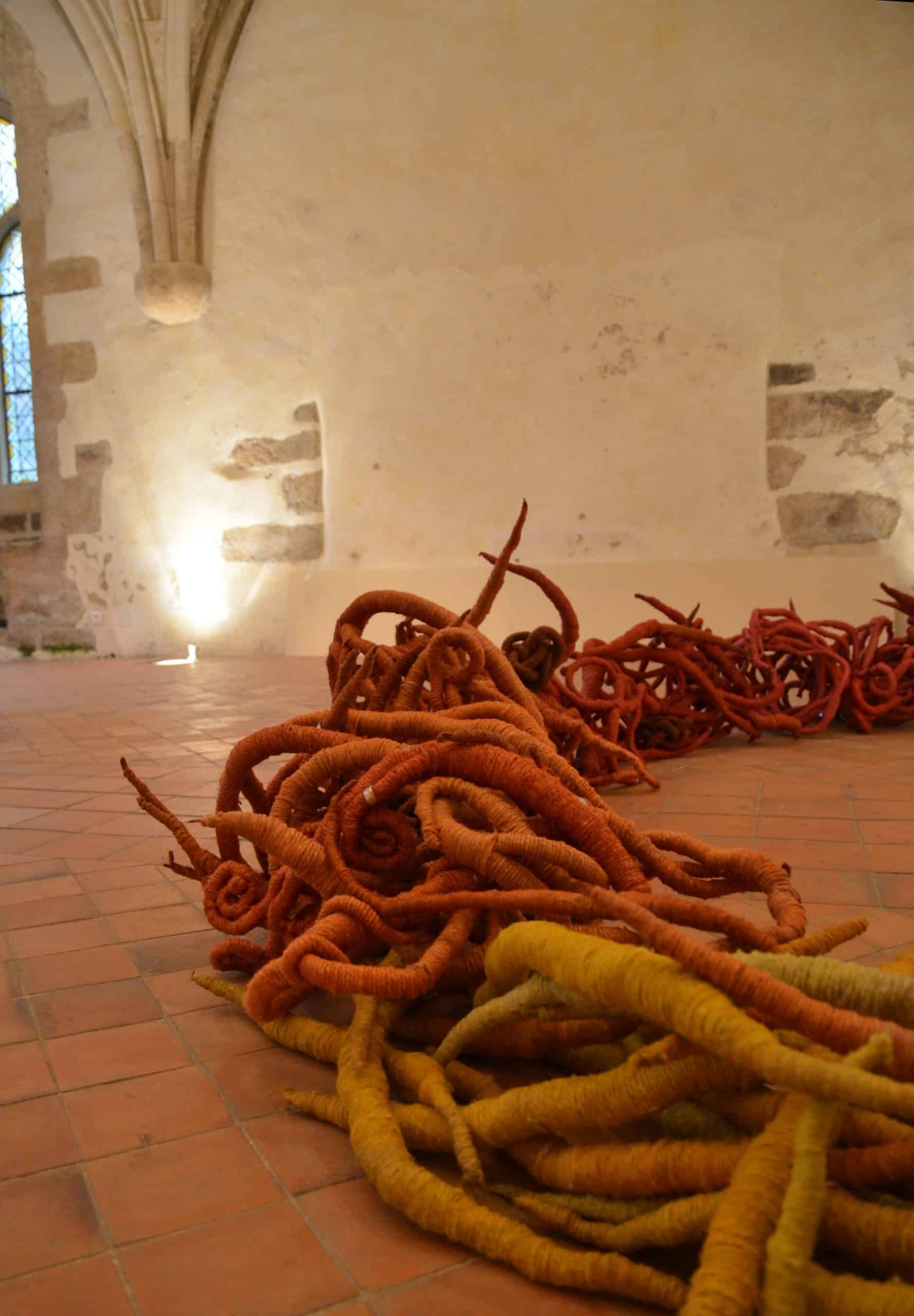 yellow orange linen sculptures by artist Aude Franjou in Vivoin, France