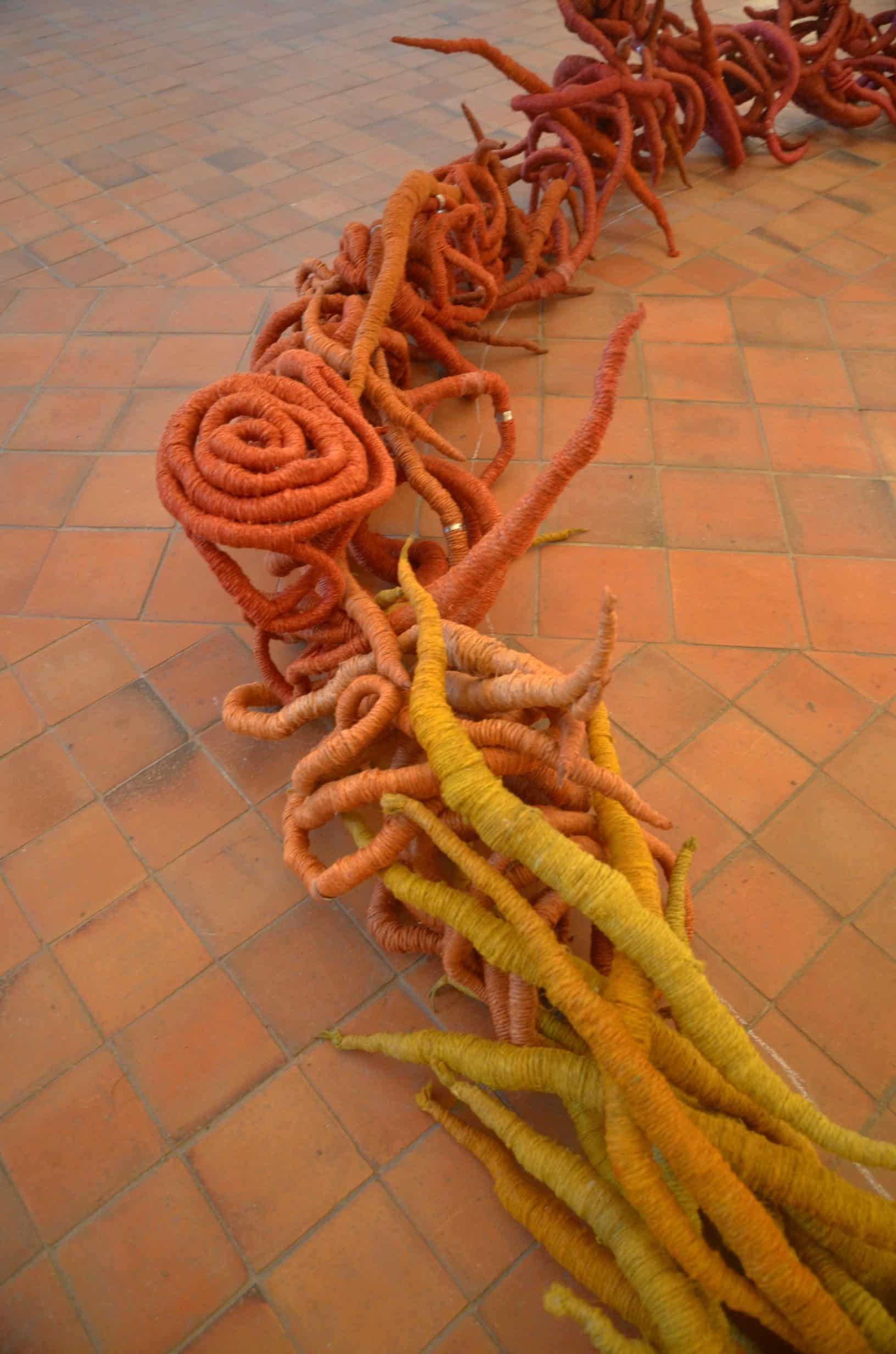yellow orange linen sculptures by artist Aude Franjou in Vivoin, France