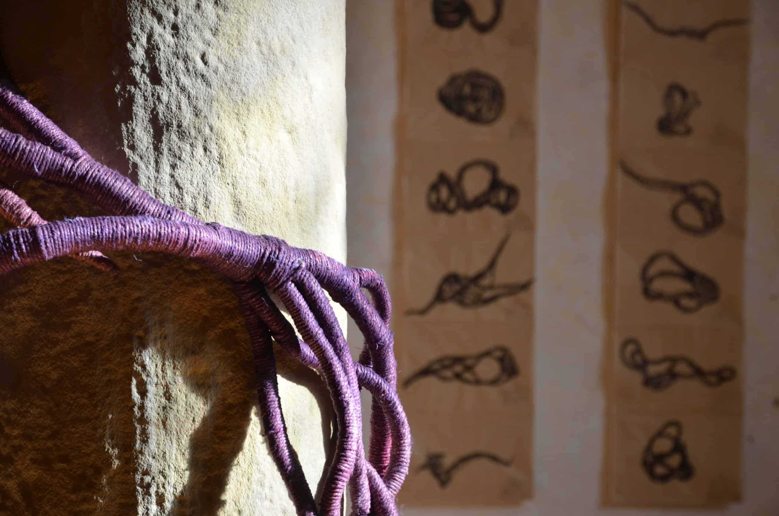 purple sculpture and drawings by Aude Franjou, exhibition in Vivoin, France
