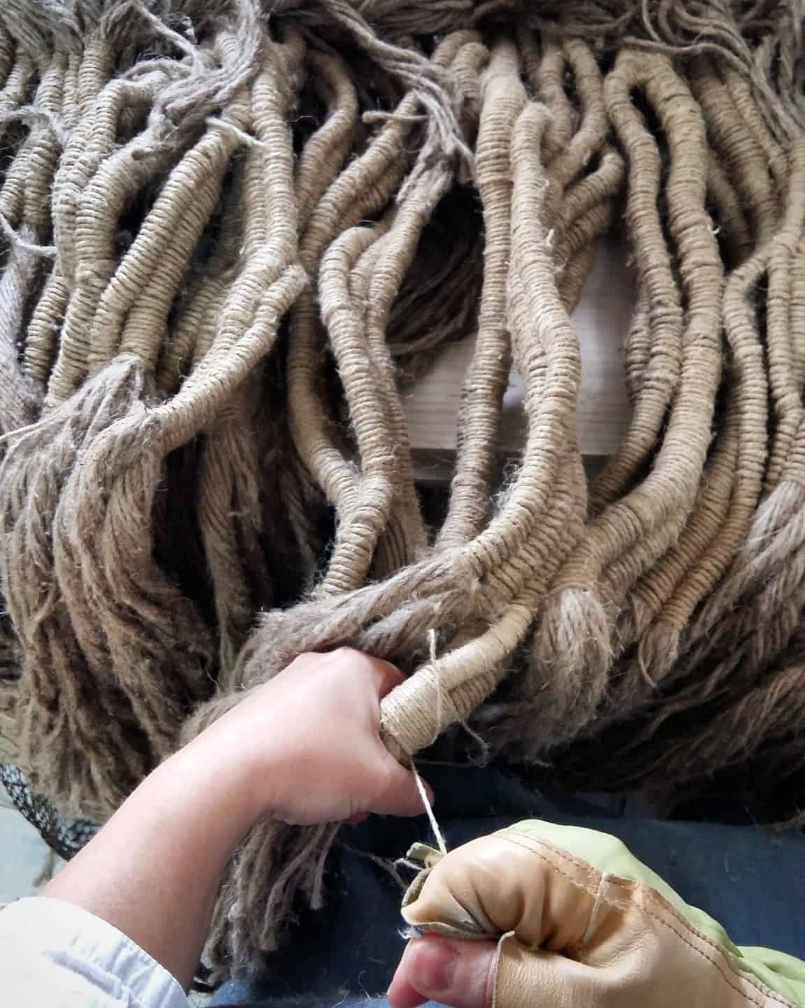 large linen sculpture being worked by Aude Franjou